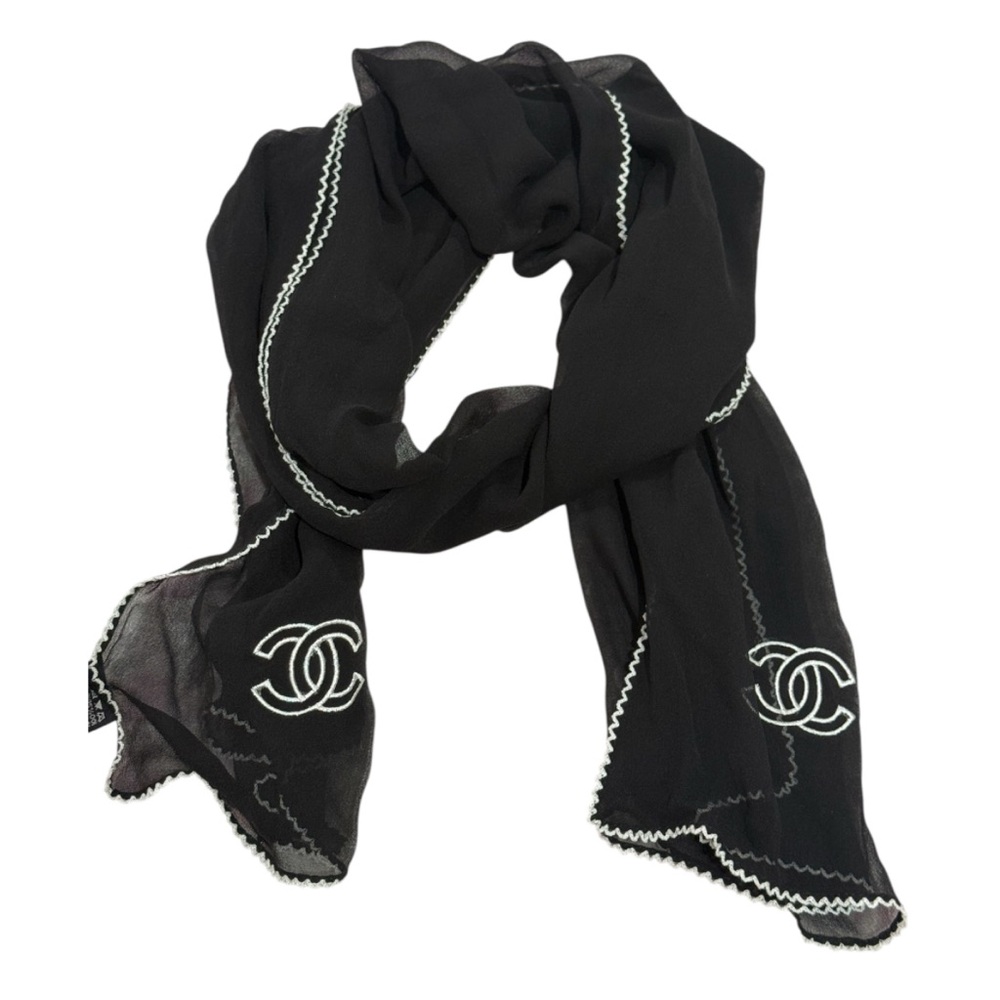 CHANEL Black Scarf with White Trim and CC Logos